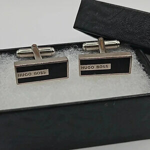 Hugo Boss Rectangular Black and Silver Statement Cufflinks